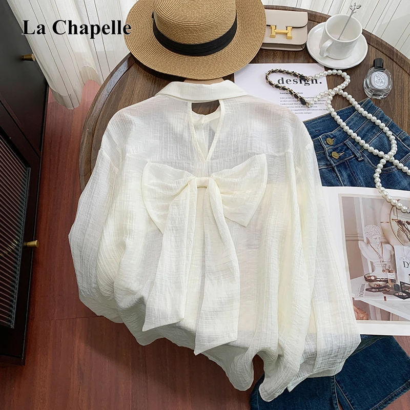 拉夏贝尔蓝色蝴蝶结镂空长袖衬衫外套女夏薄款空调衫宽松外搭衬衣