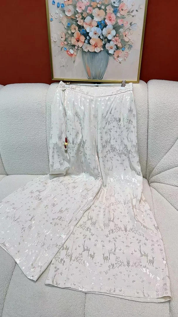 「蝶恋花」提花高腰古风裤桑蚕丝阔腿裤印花休闲宽松九分裤