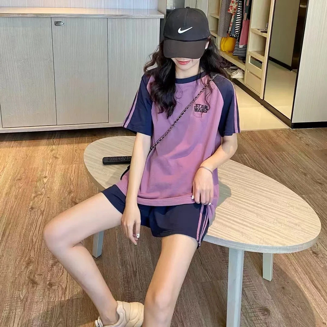 胸垫版睡衣女夏季纯棉短袖短裤休闲可外穿家居服套装（懒人双短）