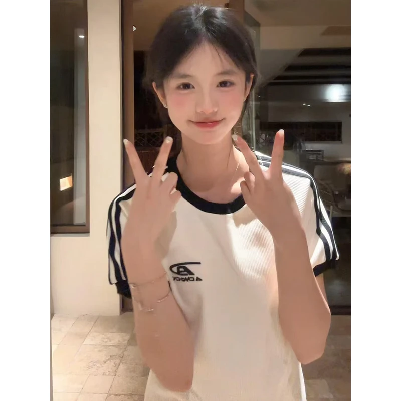 美式复古撞色字母三条杠短袖t恤夏季高街独特修身休闲百搭上衣潮