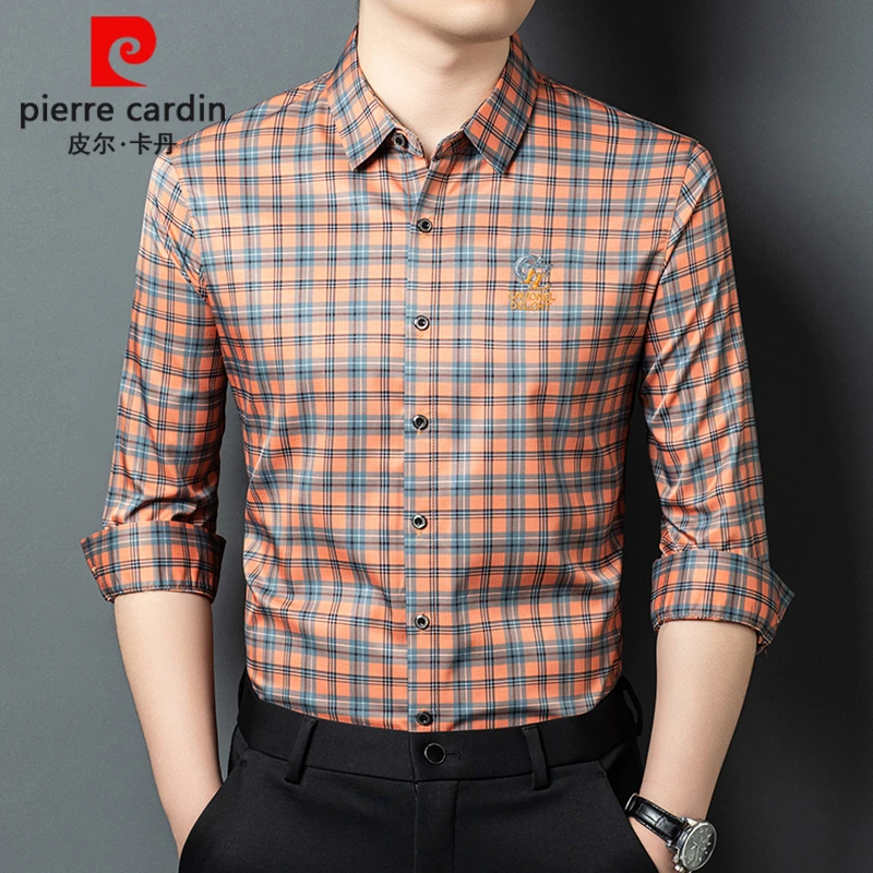 皮尔卡丹正品免烫长袖衬衫春秋新款时尚潮流休闲男士格子抗皱衬衣
