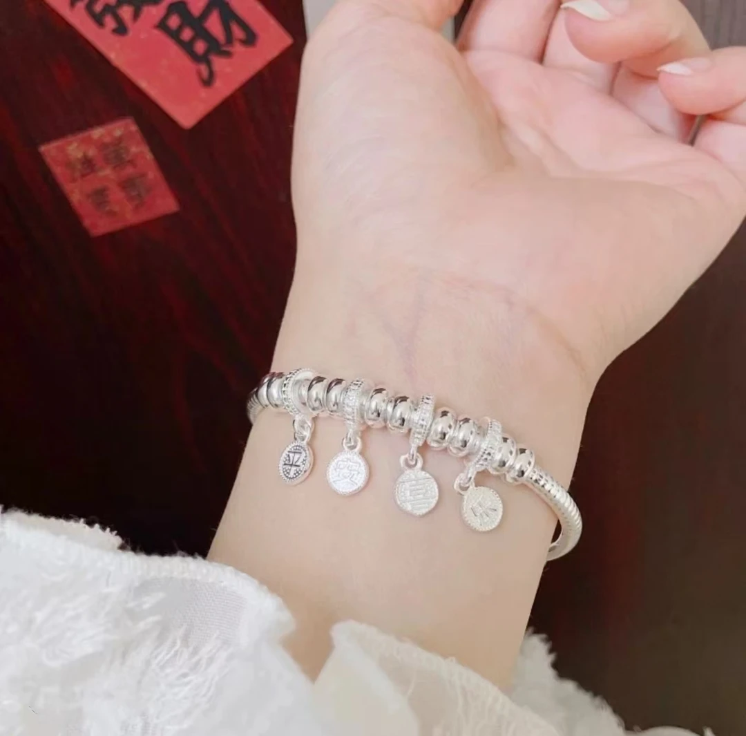 足银手镯 足银9999古风国风平安喜乐盘缠推拉纯银手镯送女友气质