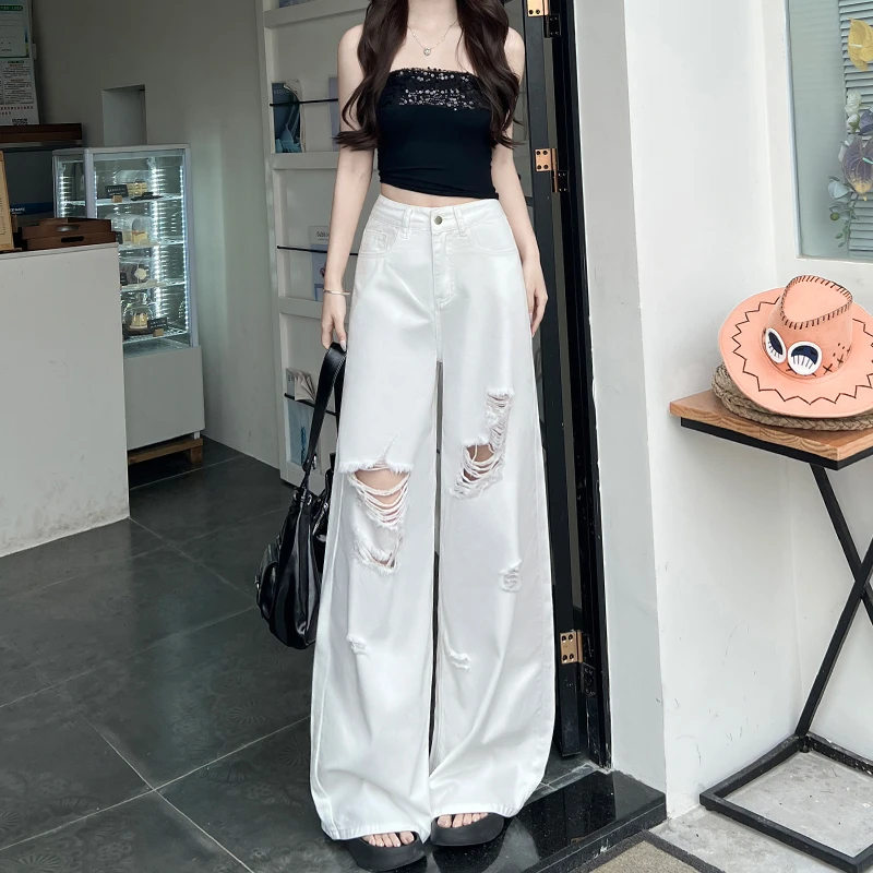 白色天丝莱赛尔破洞直筒牛仔裤女2025秋季新款高腰宽松小个子阔腿