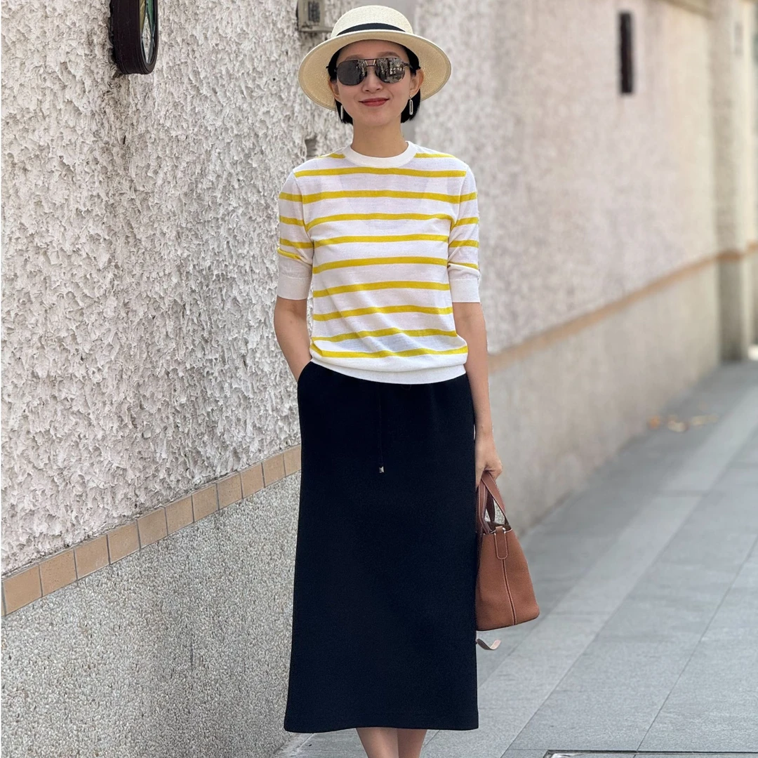 不易起球60支100%精仿羊毛显瘦薄款条纹简约女装时尚上衣短袖