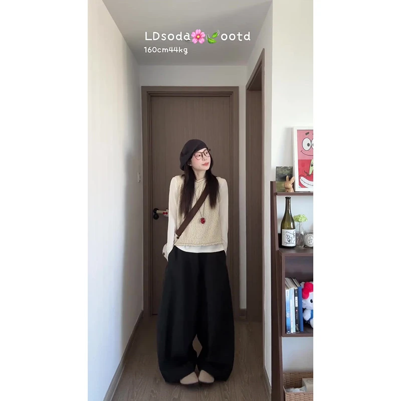 新款韩版宽松显瘦百搭长袖内搭无袖针织马甲背心女上衣裤子三件套