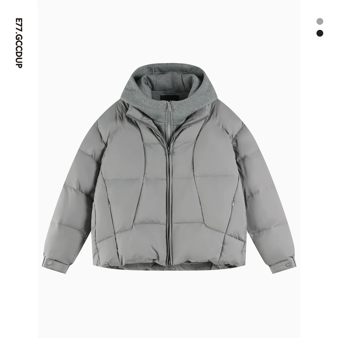 『零度冬琴』时尚连帽卫衣拼接假两件90白鸭绒保暖羽绒服