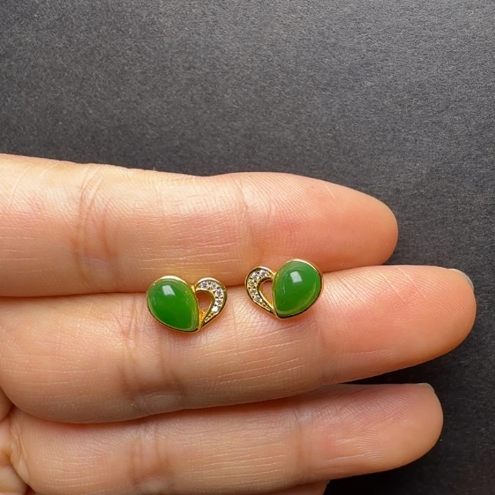 和田玉（碧玉）银S925镀金镶嵌耳饰