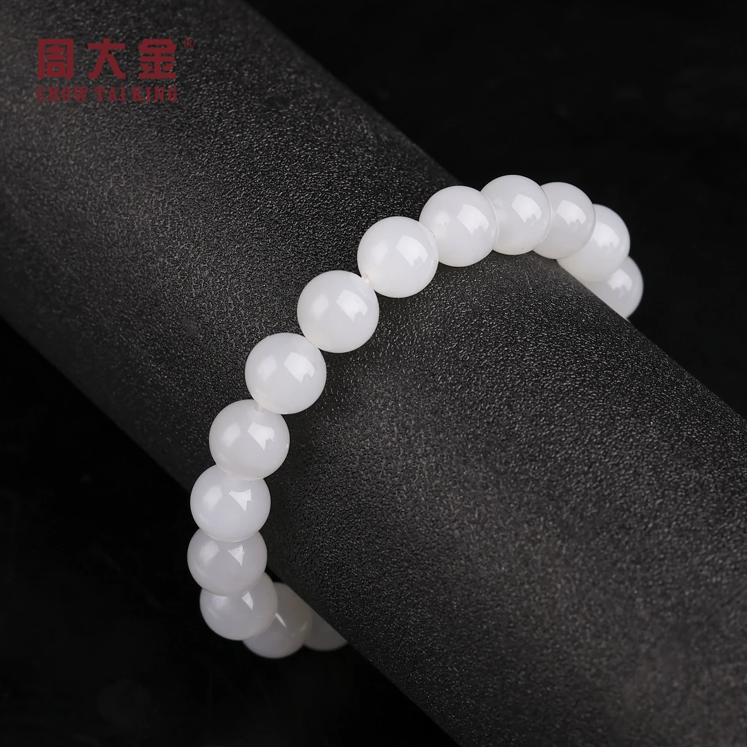 【周大金玉石】和田玉白玉圆珠手串-S4427-鹤