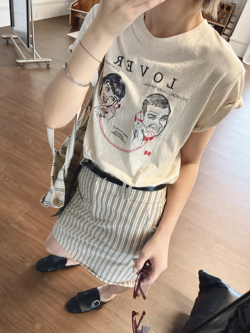 2025打电话刺绣棉麻设计圆领短袖小个子百搭显瘦休闲T恤上衣S128