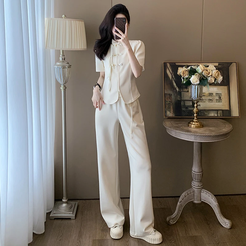 杏色新中式休闲运动套装女夏季高级感气质国风盘扣短袖上衣阔腿裤