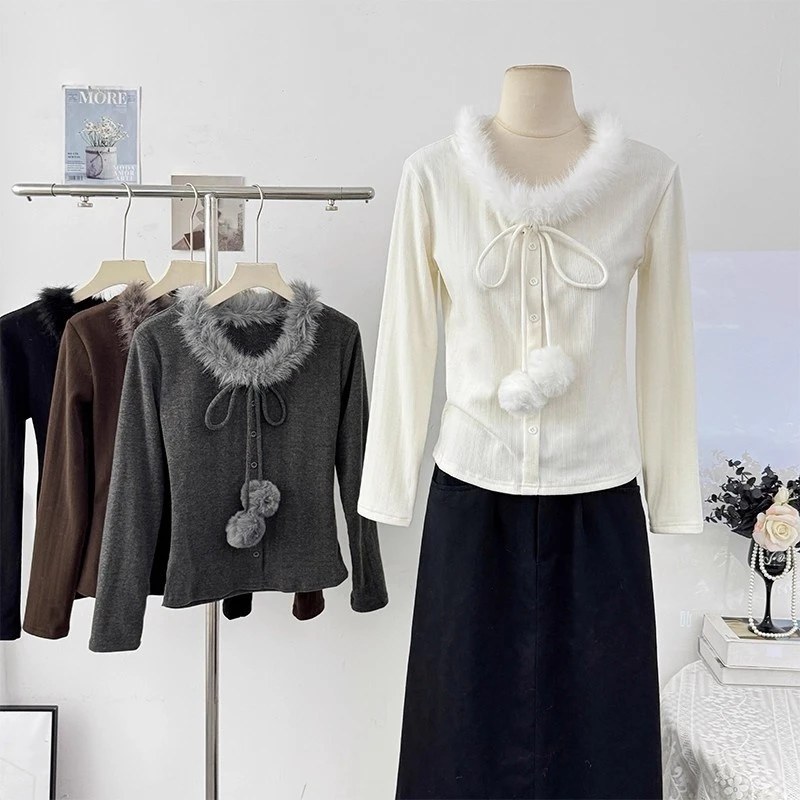 固质辣妹纯欲毛领长袖软糯针织衫秋2025蝴蝶结系带单排扣修身上衣