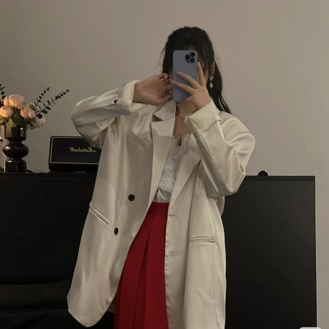 7126秋加大版休闲醋酸西装女式纯色宽松中长款长袖领时尚西装外套