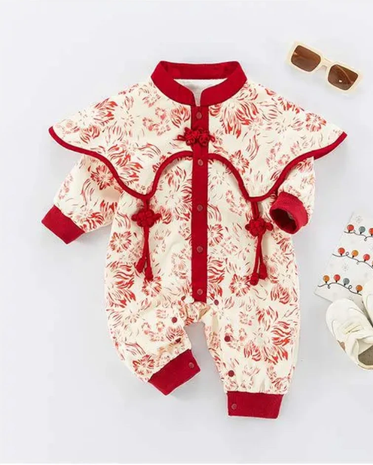 婴儿衣服秋装连体衣女宝宝长袖外出爬服国风满月衣服百天周岁外套