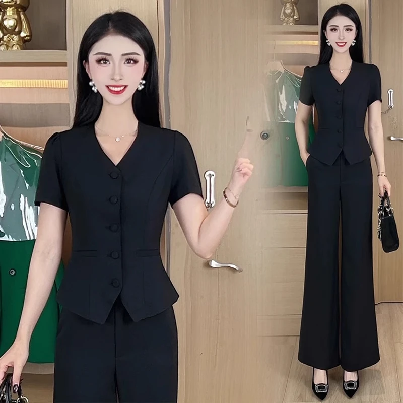 时尚西装套装女2025夏季职业装洋气质显瘦薄短袖西服阔腿裤两件套