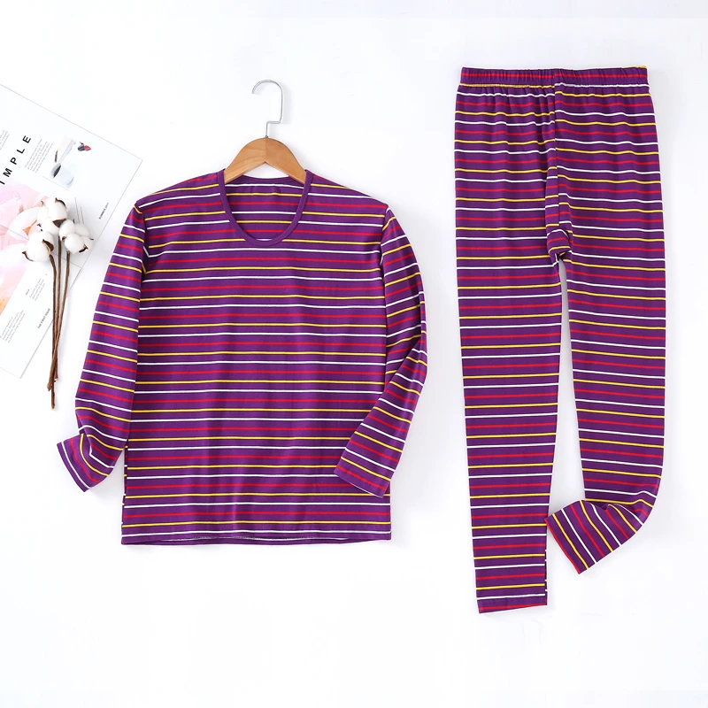 条纹长袖圆领秋衣秋裤女士内穿打底秋衣青中年妈妈高弹力四季套装