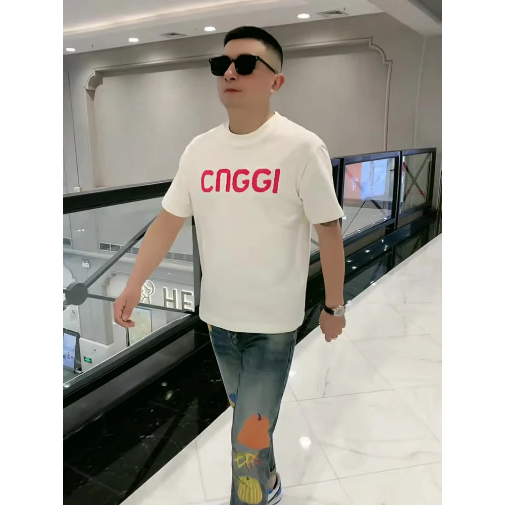 2025夏季男士半袖潮流潮牌字母刺绣短袖休闲百搭圆领全棉成熟T恤
