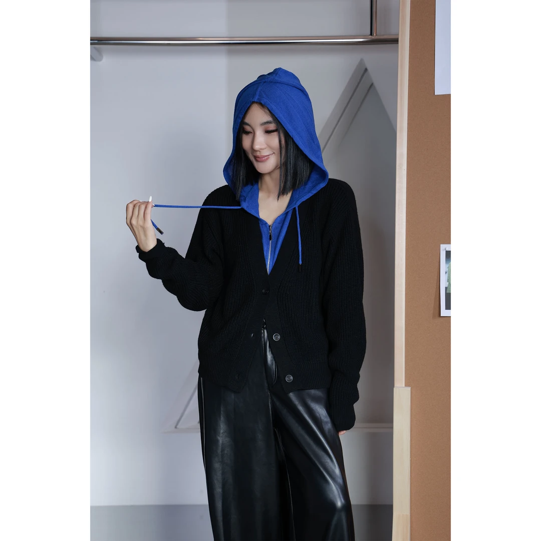 【妙妙精选】HUANGNAJI帽子开衫时尚气质设计感绵羊毛针织上衣0032