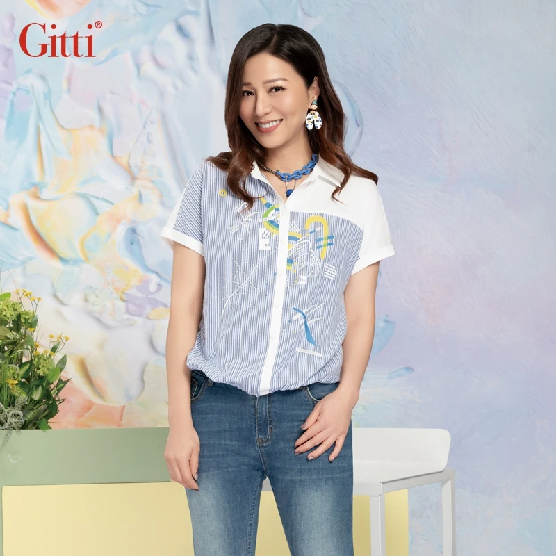 Gitti/吉蒂条纹印花挽边短袖衬衫女减龄宽松衬衣G251300