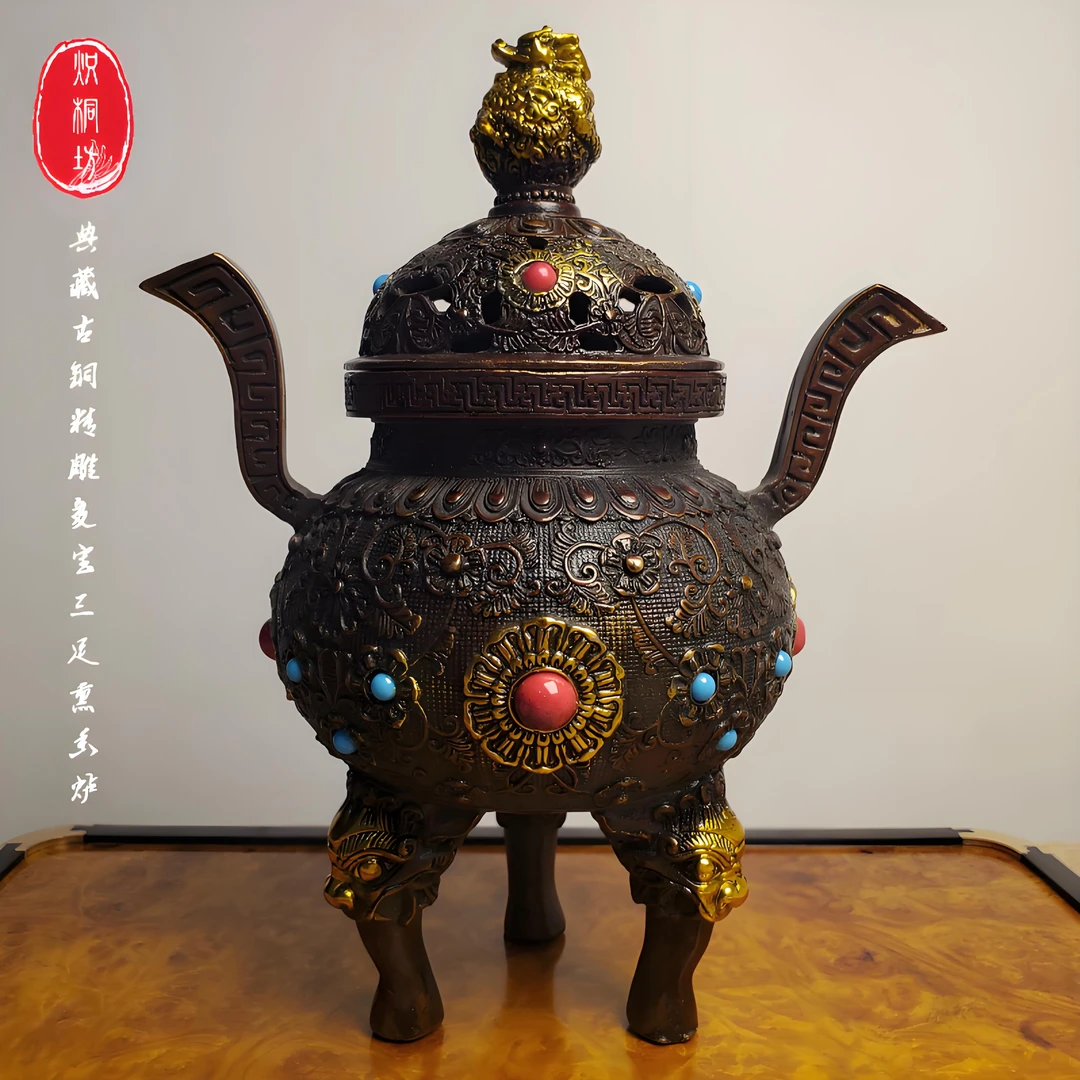 铜精雕三足纯手熏香炉铜器摆件