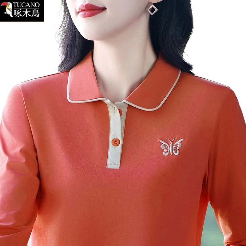 啄木鸟新款百搭休闲气质POLO衫女春秋长袖翻领设计刺绣上衣T恤潮