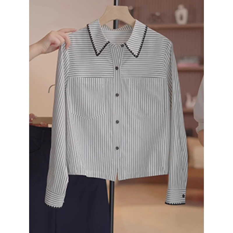 韩风chic气质休闲条纹长袖衬衫2025秋季新款宽松百搭通勤上衣女装