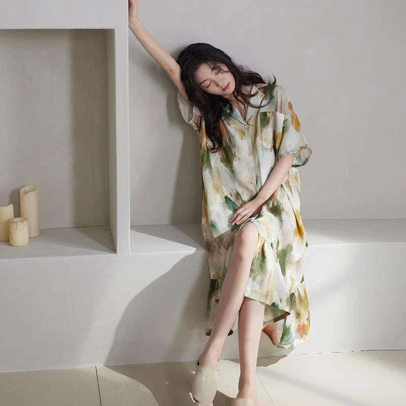 睡裙女夏季短袖冰丝柠檬扎染印花中长款带胸垫薄款睡衣可外穿睡袍