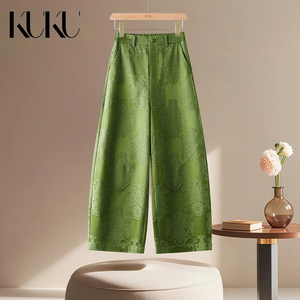 KUKU透气宽松提花时尚短裤女裤口袋厚款直筒九分裤休闲裤8007