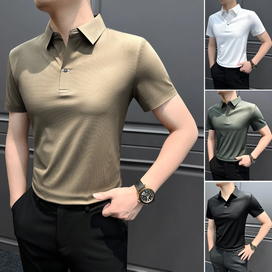 小V领男士纯色修身polo衫夏季商务休闲高级感男装格子男款短袖t恤