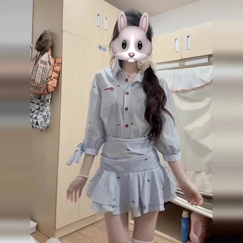 春季学院风连衣裙子条纹女装长袖少女裙子高腰POLO领辣妹短裙