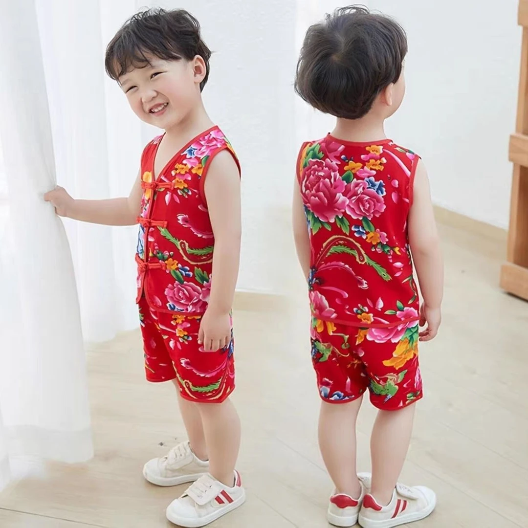 宝宝绵绸背心短裤套装棉绸夏季婴儿无袖吊带衣服薄款人造棉儿童装