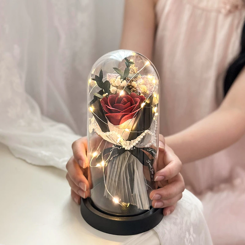 溢彩玫瑰永生花生日礼物送女生七夕节教师节礼物摆件带灯仿真花束
