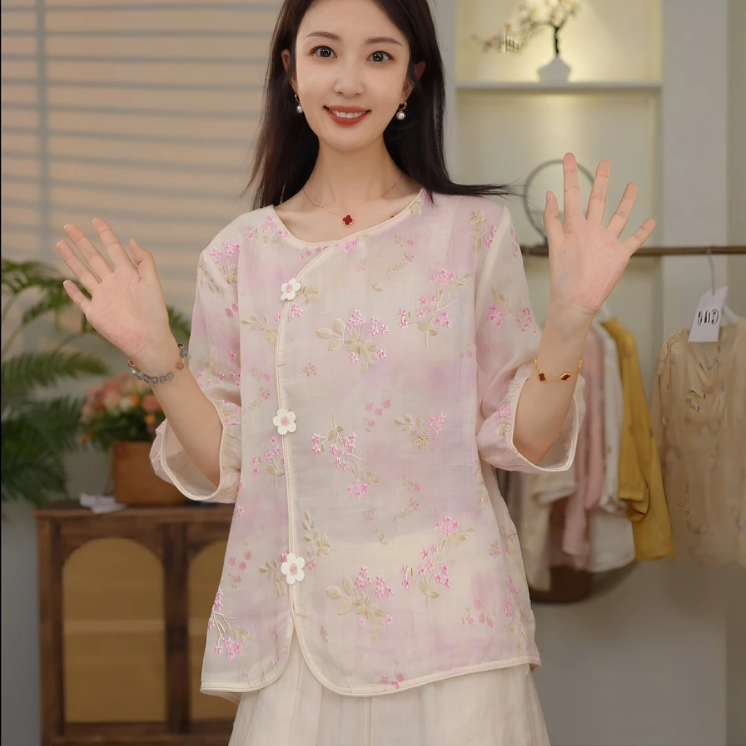 小菊花印染双色刺绣苎麻上衣夏季新款女衬衫复古绣花小衫