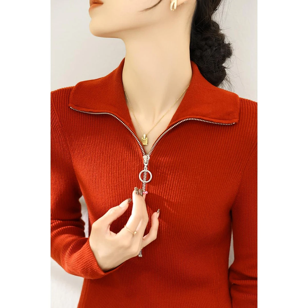 春季新款上衣红色拉链翻领设计感长袖针织衫女装修身气质高领毛衣