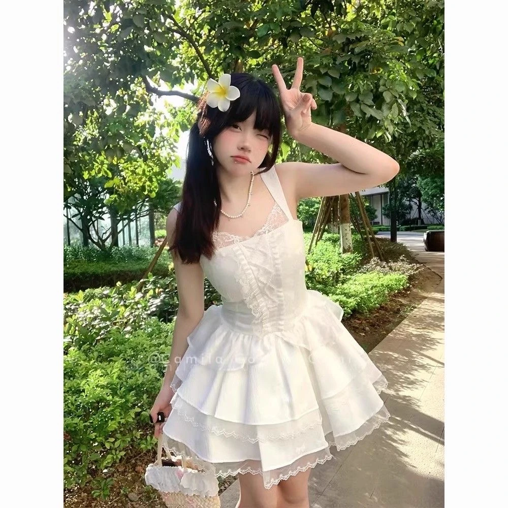 芭蕾宫廷风蕾丝吊带连衣裙小个子初恋甜美约会公主蓬蓬裙小白裙子