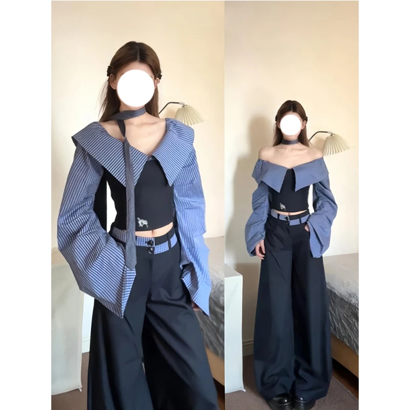 时尚穿搭女2025新款春季一整套设计感拼接露肩上衣阔腿裤两件套装
