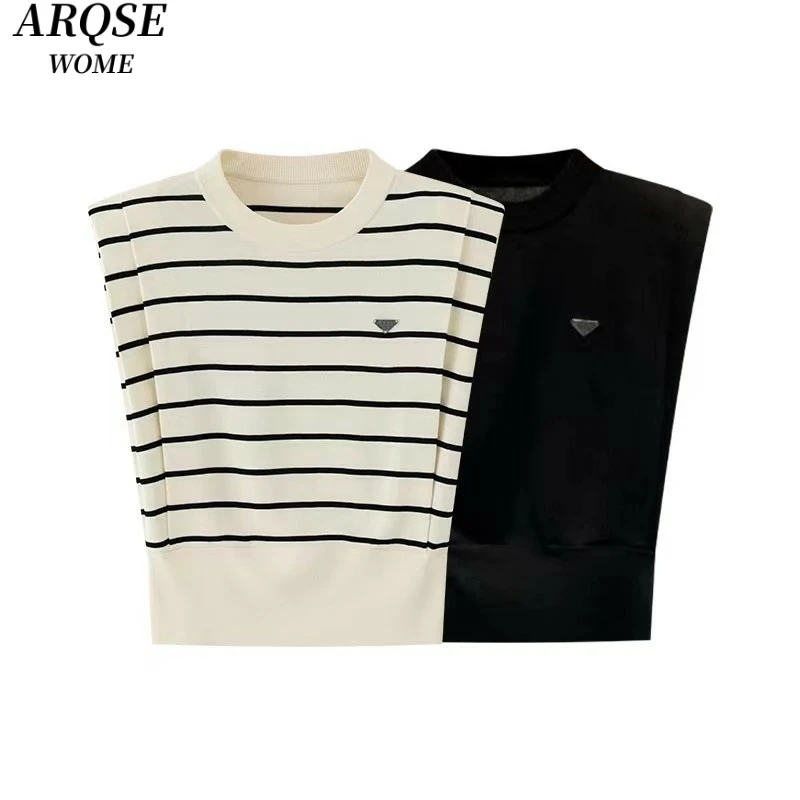 艾家新款2025夏季时尚无袖条纹套头针织衫条纹背心上衣女8130