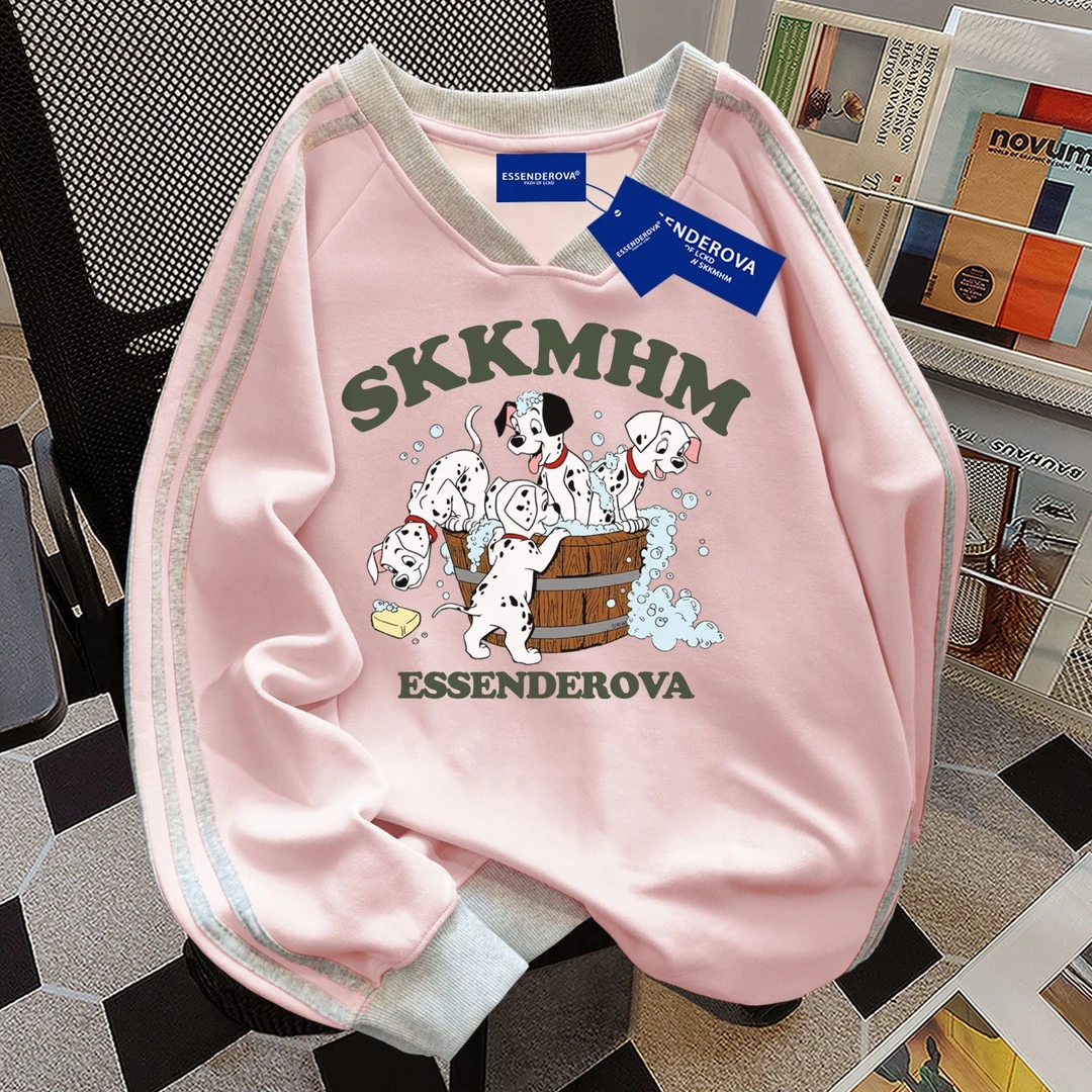 美式可爱卡通设计拼接V领卫衣女秋冬季潮流显瘦加绒加厚上衣ins服