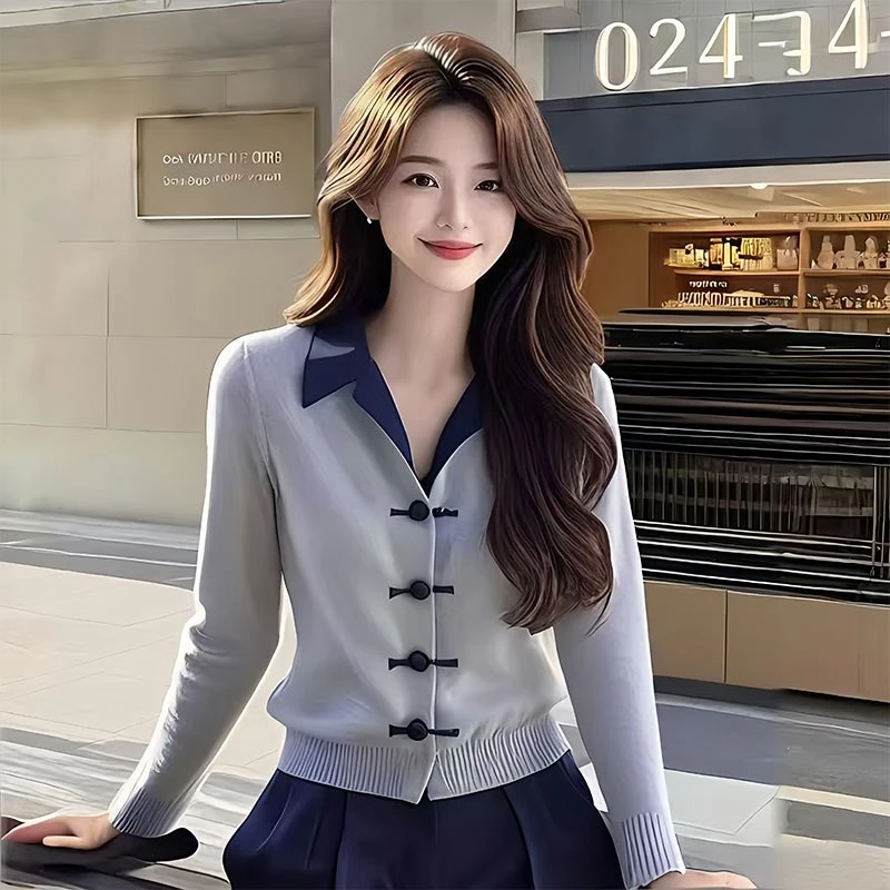 新中式国风纯色翻领修身毛衣针织开衫女2025新款春秋季新款上衣潮