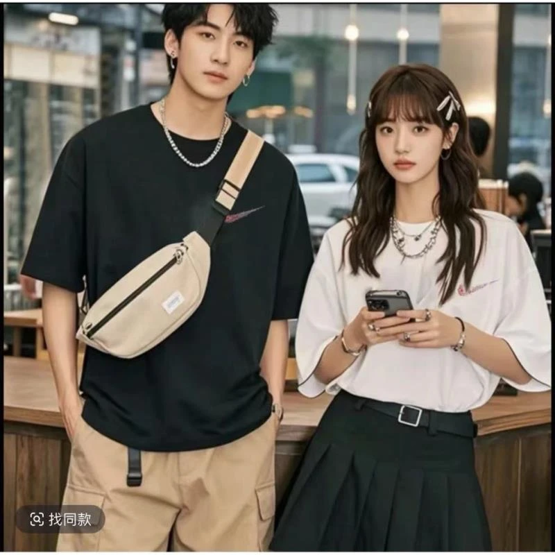 026潮牌联名款潮牌T恤男女同款时尚百搭圆领印花t恤短袖小裂勾