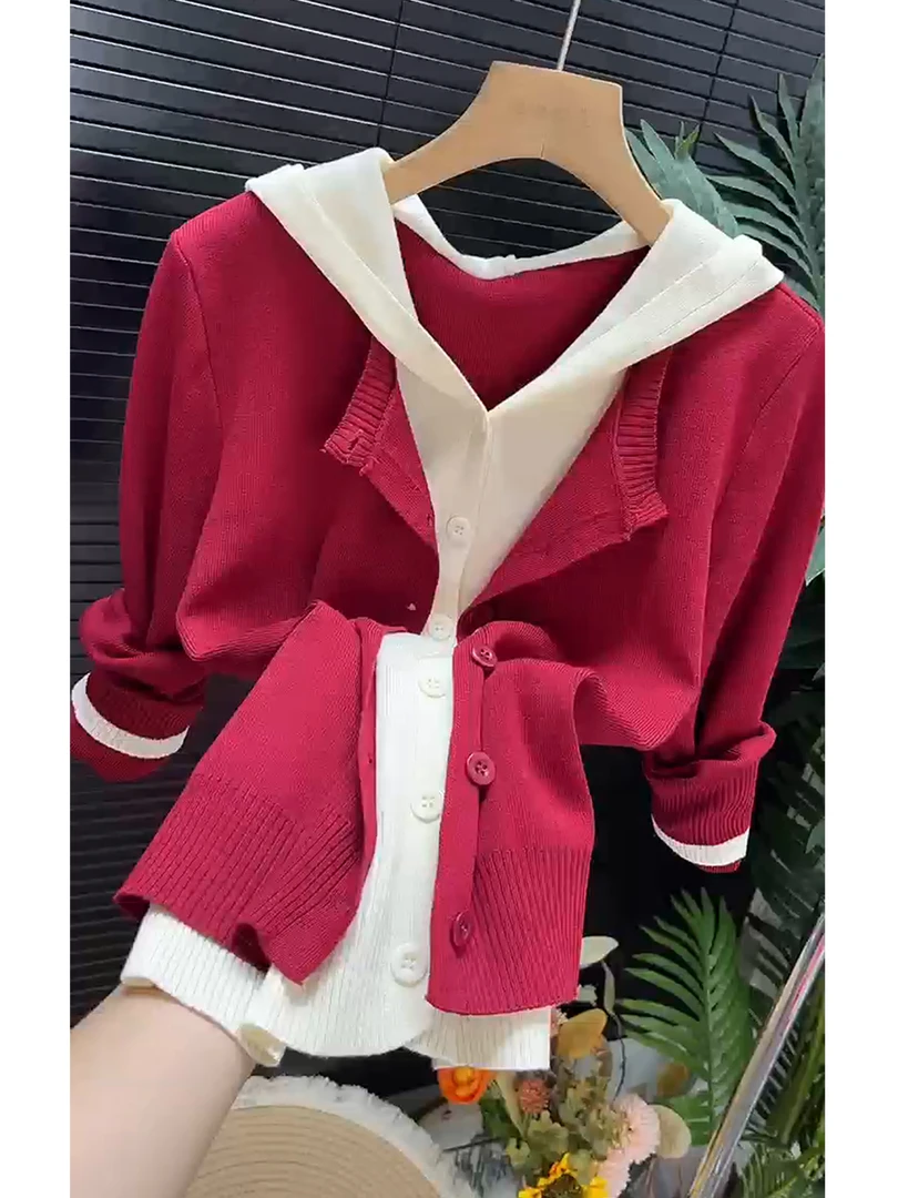 韩系设计感撞色连帽单排扣玫红色假两件女2025早秋减龄针织开衫