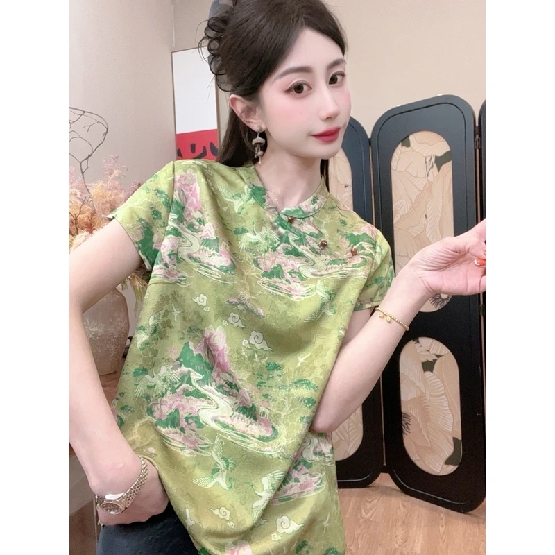 【青山绿水】2025夏季气质新款百搭显瘦新中式短袖女宽松上衣