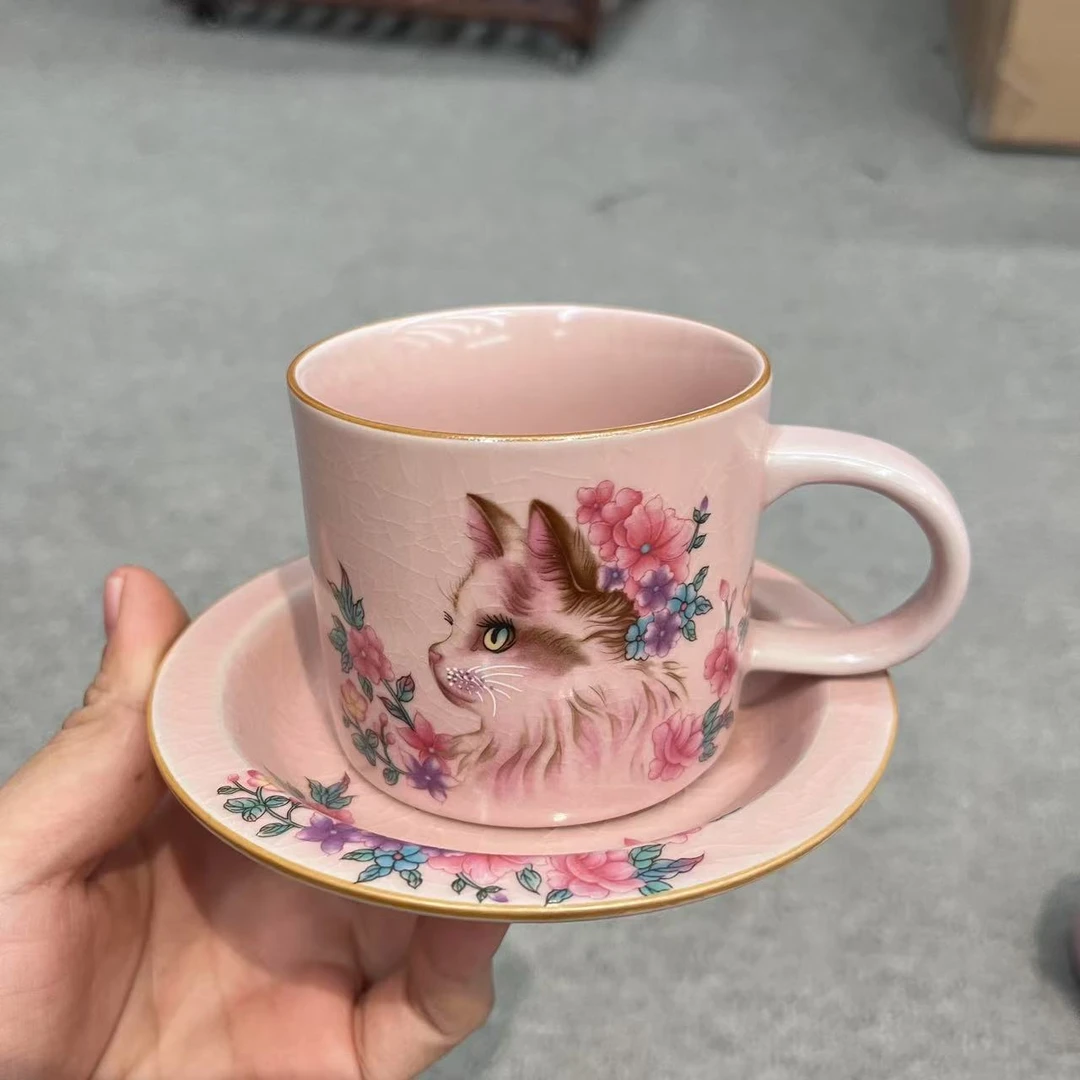 物瓷坊  汝窑粉汝花猫系列办公杯咖啡杯
