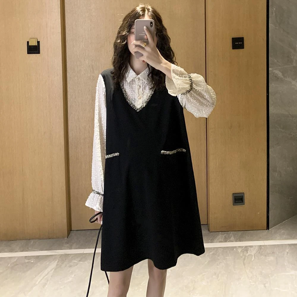 加大300斤可穿 小香风假两件气质胖mm宽松新年裙子