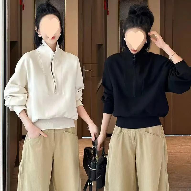 秋冬新款时尚宽松小立领长袖卫衣纯色上衣+休闲裤套装春秋设计感