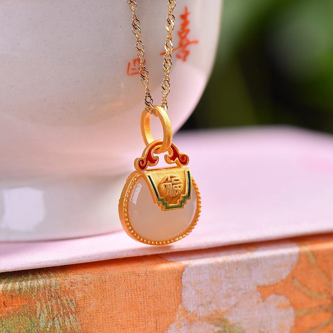 s925银镶和田玉珐琅包包吊坠不含链配项圈26613