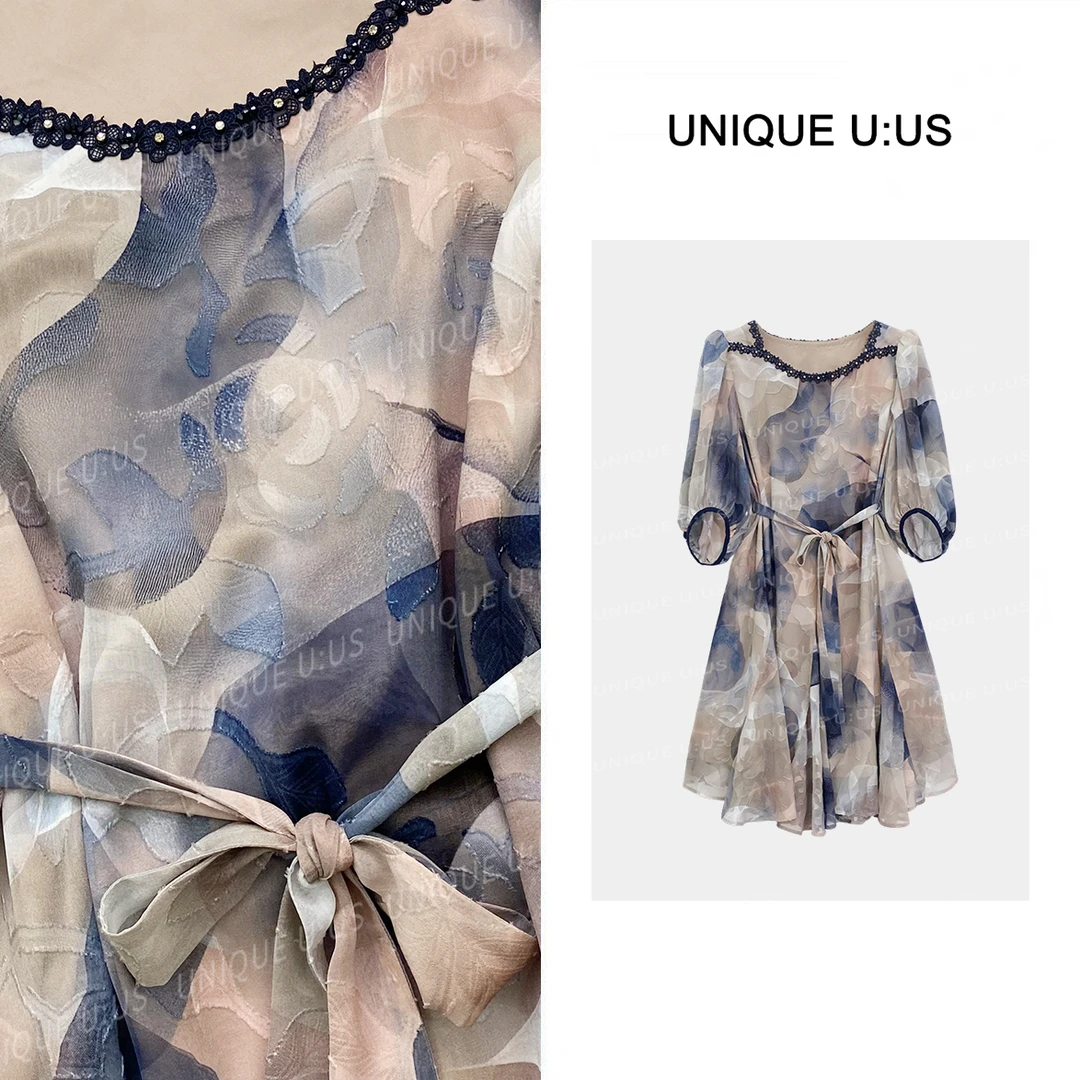 UNIQUE U:US【紫竹苑编号42】欧若风朦胧艺术晕染印花连衣裙251202