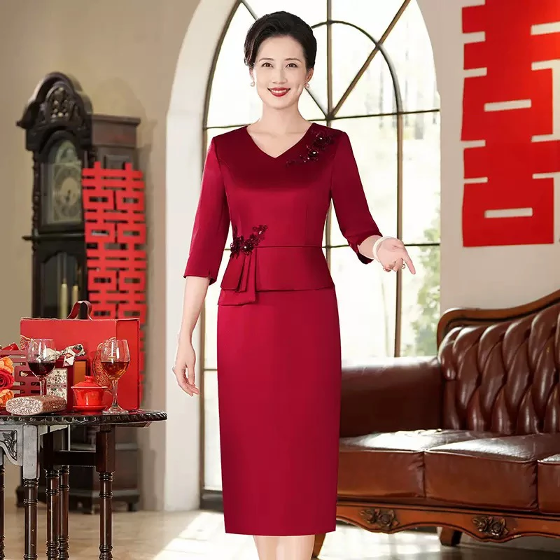 【酒红+香槟】高端缎面遮肚礼服喜妈妈婚宴连衣裙修身结婚端庄知性J