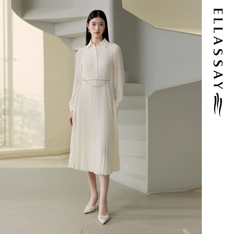 ELLASSAY歌力思2025早秋新款扦边微褶气质连衣裙女EWU363Y01500
