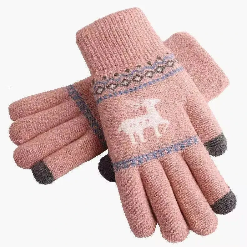 加绒厚款小鹿手套女冬针织五指触屏毛线保暖学生骑行卡通可爱韩版