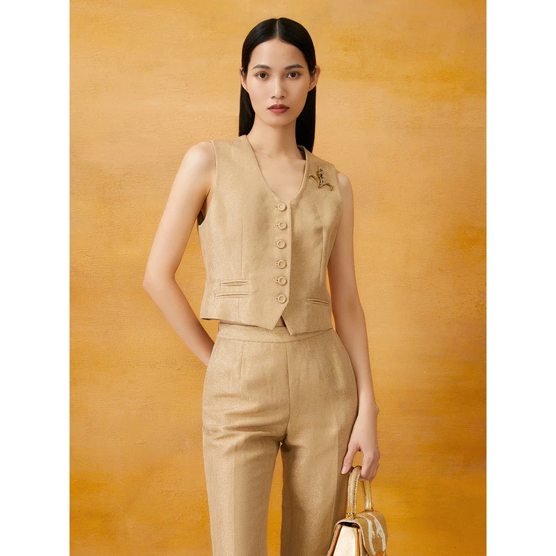 Song of Song歌中歌春香槟金光泽无袖单排扣马甲5C34101010